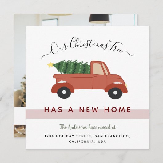 赤い車のクリスマスツリー家族の写真移動 案内状 (正面/裏面)