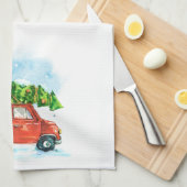 赤い車のクリスマスツリー象徴的なレトロなディッシュKitche キッチンタオル (四つ折り)