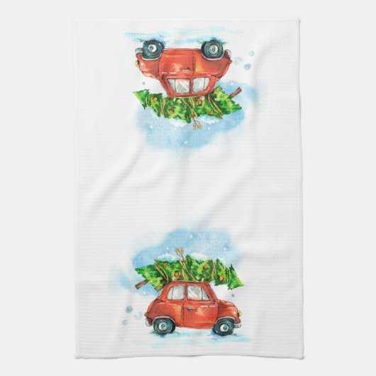 赤い車のクリスマスツリー象徴的なレトロなディッシュKitche キッチンタオル (縦)