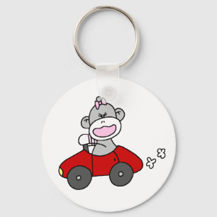 赤い車のソックス猿の女の子 キーホルダー