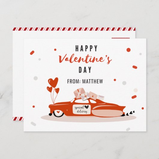 赤い車のバレンタインデイカードキッズハートバルーン シーズンポストカード (正面/裏面)