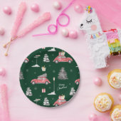 赤い車の冬のパターン メリークリスマス 緑 ペーパープレート (パーティー)