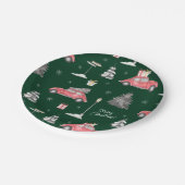 赤い車の冬のパターン メリークリスマス 緑 ペーパープレート (アングル)