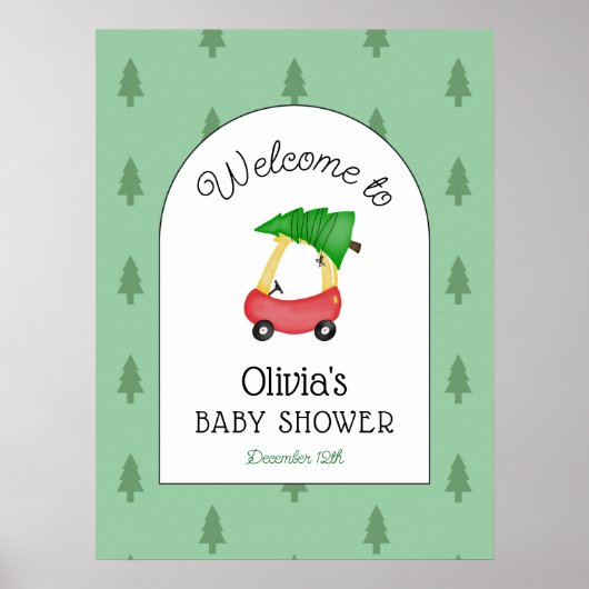 赤い車の冬の赤ちゃんシャワー歓迎サイン ポスター (正面)