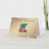 赤い車の松の木プレゼント陽気なクリスマスグリーティング シーズンカード (正面)