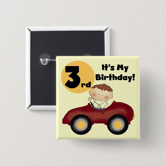 赤い車の第3誕生日のTシャツおよびギフトの男の子 缶バッジ (正面&裏面)