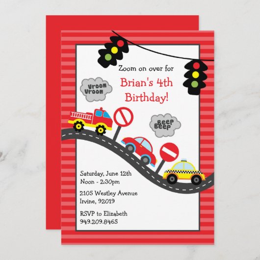 赤い車の誕生日のパーティの招待状 招待状 (正面/裏面)