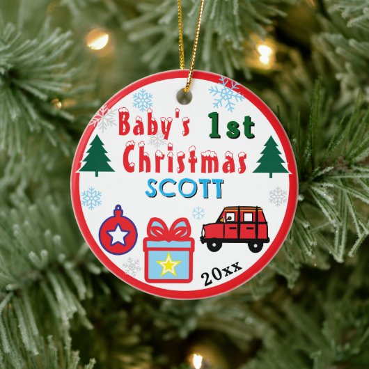 赤い車の赤ちゃんの男の子の最初のクリスマス 名前 セラミックオーナメント (ツリー)