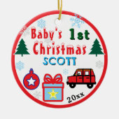 赤い車の赤ちゃんの男の子の最初のクリスマス 名前 セラミックオーナメント (正面)
