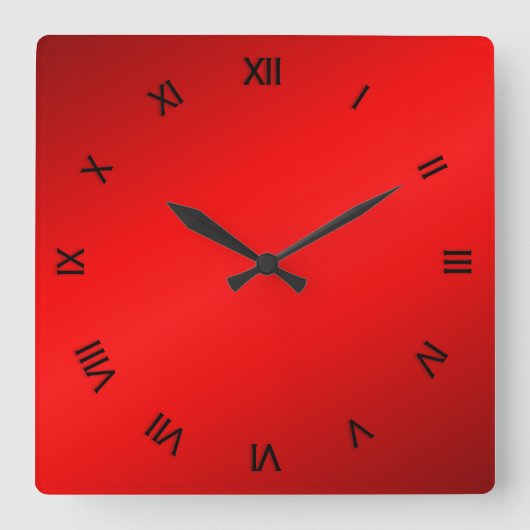 赤い輝きの黒いローマ数字 スクエア壁時計 (正面)