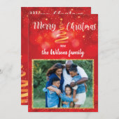 赤い輝きクリスマスファミリーフォトグリーティングカード シーズンカード (正面/裏面)