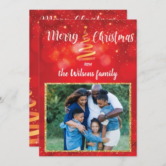 赤い輝きクリスマスファミリーフォトグリーティングカード シーズンカード (正面/裏面)