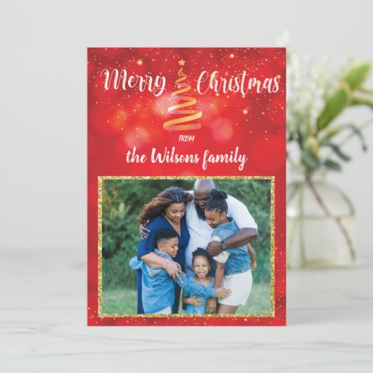 赤い輝きクリスマスファミリーフォトグリーティングカード シーズンカード (スタンド正面)