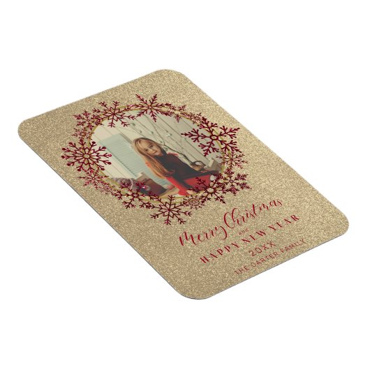 赤い輝き雪片クリスマスファミリーフォト マグネット (右側)