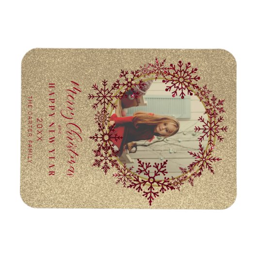 赤い輝き雪片クリスマスファミリーフォト マグネット (横)