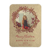 赤い輝き雪片クリスマスファミリーフォト マグネット (縦)