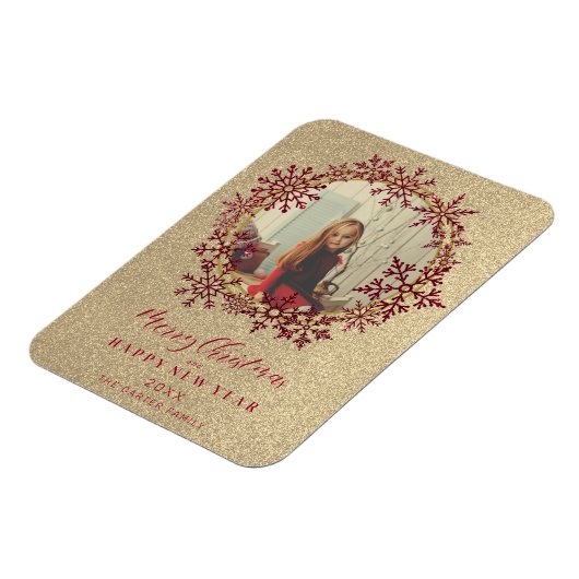 赤い輝き雪片クリスマスファミリーフォト マグネット (左側)