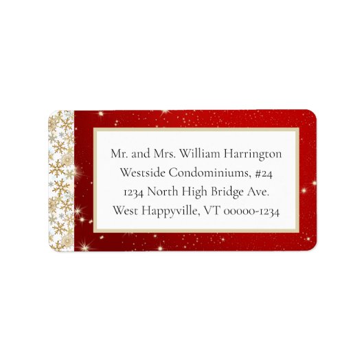 赤い輝く星の雪の結晶ワイド住所 シール (正面)