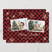 赤い輝く金ゴールド雪の結晶フォトクリスマス シーズンカード (正面/裏面)