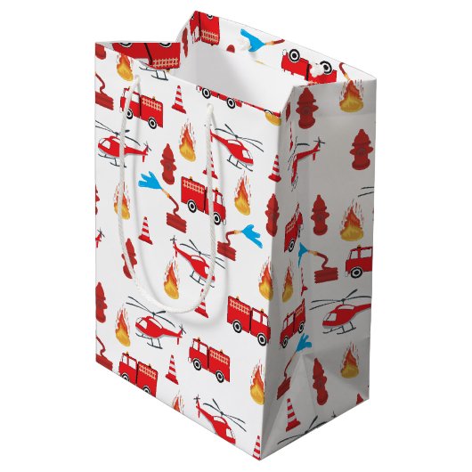 赤い輸送消防車エンジン旅団パターン ミディアムペーパーバッグ (裏面アングル)