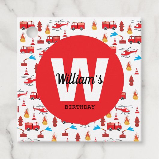 赤い輸送消防車エンジン誕生日パーティー フェイバータグ (正面)