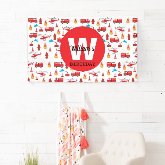 赤い輸送消防車エンジン誕生日パーティー 横断幕 (インサイチュ)