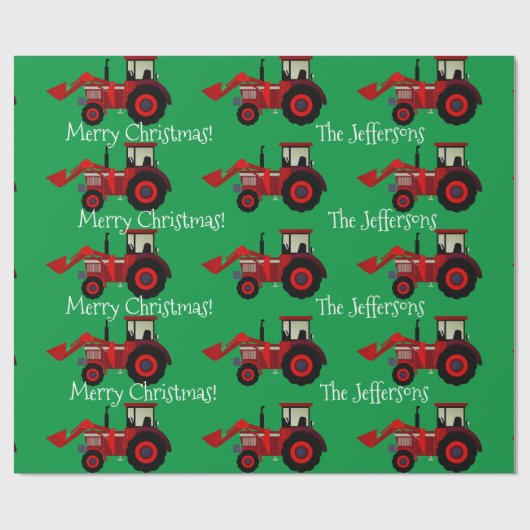 赤い農場のトラクターが緑のクリスマス用包装紙 ラッピングペーパー (フラット)