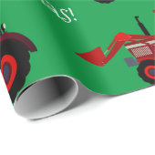 赤い農場のトラクターが緑のクリスマス用包装紙 ラッピングペーパー (ロールコーナー)