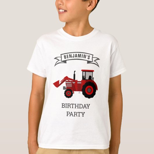 赤い農場のトラクター 子供の誕生日パーティー Tシャツ (正面)
