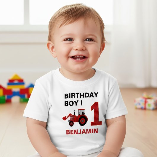 赤い農場のトラクター 1歳の誕生日パーティー ベビーTシャツ