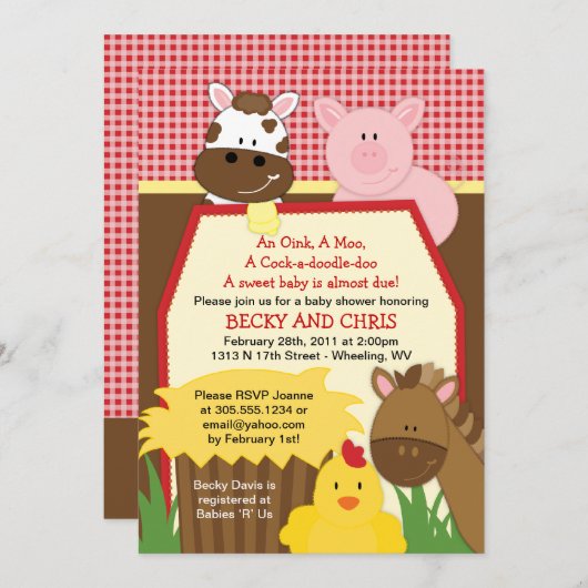 赤い農場の納屋周囲の庭のベビーシャワーの招待状 招待状 (正面/裏面)