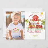 赤い農場動物赤いトラクター少年の誕生日の写真 招待状 (正面)