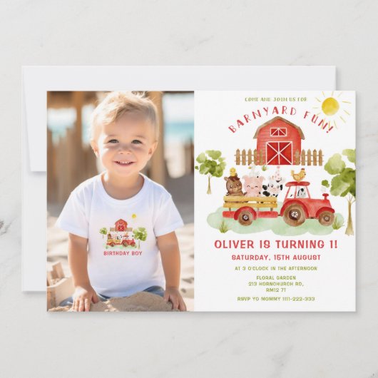 赤い農場動物赤いトラクター少年の誕生日の写真 招待状 (正面)