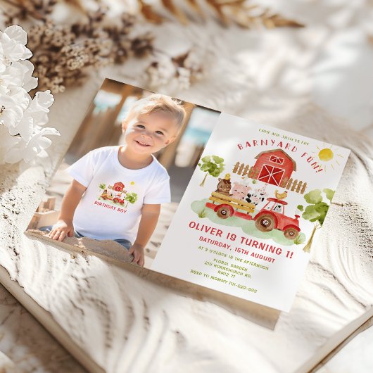 赤い農場動物赤いトラクター少年の誕生日の写真 招待状