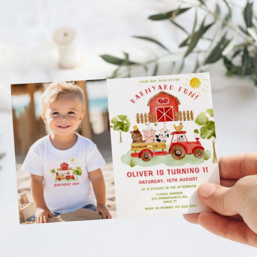 赤い農場動物赤いトラクター少年の誕生日の写真 招待状