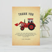 赤い農機のトラクターの子供の誕生日パーティー サンキューカード (スタンド正面)