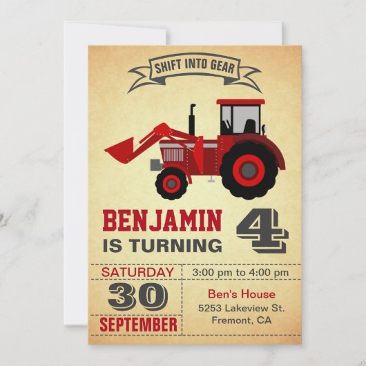 赤い農耕トラクターの子供の誕生日パーティー招待状 招待状 (正面)