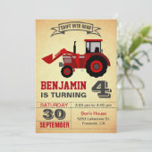 赤い農耕トラクターの子供の誕生日パーティー招待状 招待状 (スタンド正面)