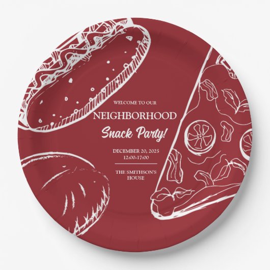 赤い近所のおもしろいブロックスナック食品パーティー ペーパープレート (正面)