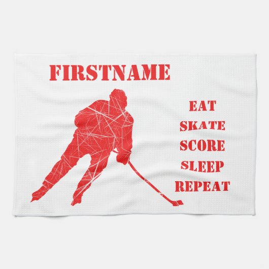 赤い選手-アイスホッケーのスケートタオル キッチンタオル (横)