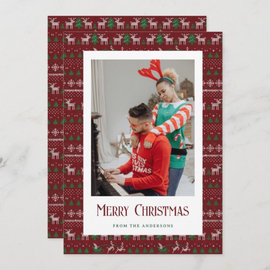 赤い醜いクリスマスセーターの写真のクリスマスカード シーズンカード (正面/裏面)