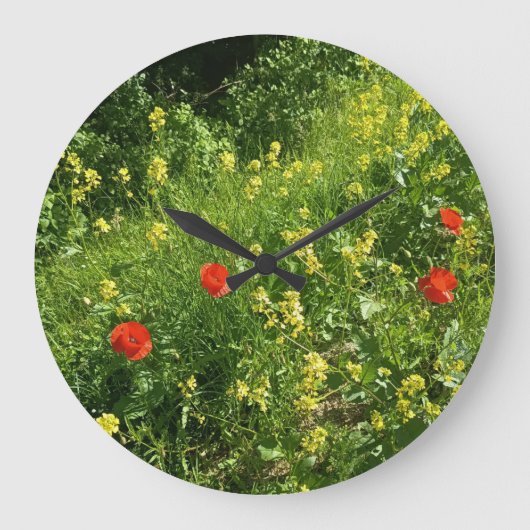 赤い野の花の草原の壁掛け時計 ラージ壁時計 (正面)