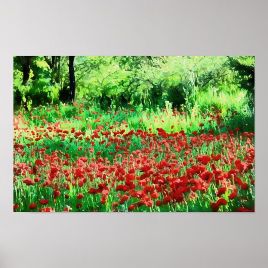 赤い野の花の風景アートのフィールド ポスター (正面)