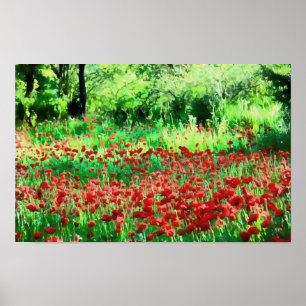 赤い野の花の風景アートのフィールド ポスター