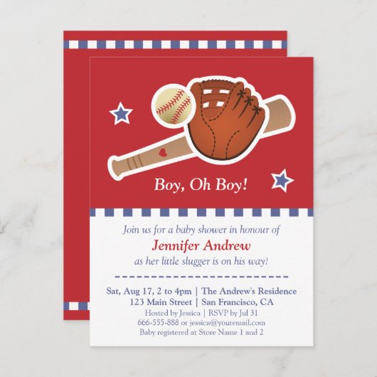 赤い野球のベビーシャワーのパーティー 招待状 (正面/裏面)