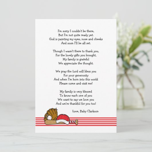 赤い野球のベビーシャワーは詩が付いているノート感謝していしています サンキューカード (スタンド正面)