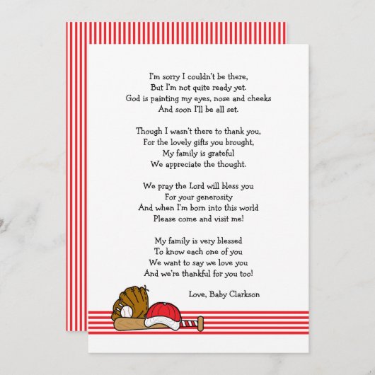 赤い野球のベビーシャワーは詩が付いているノート感謝していしています サンキューカード (正面/裏面)