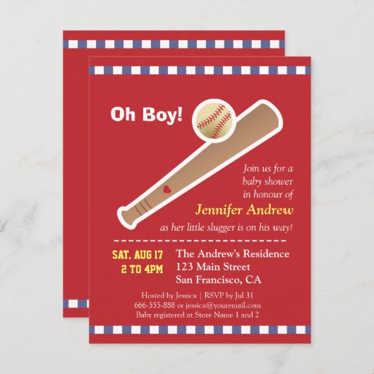 赤い野球のベビーシャワー 招待状 (正面/裏面)