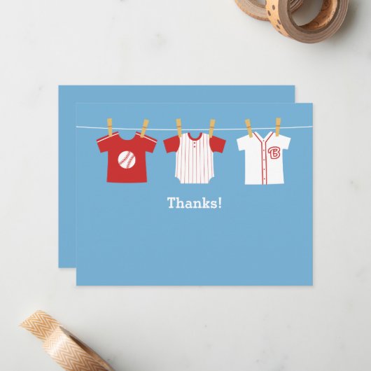 赤い野球の男の赤ちゃんのシャワーはメッセージカード感謝していしています ノートカード (正面/裏面インサイチュ)