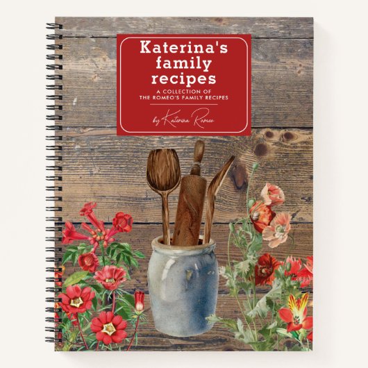 赤い野生の花の木のキッチン用品のレシピ ノートブック (正面)
